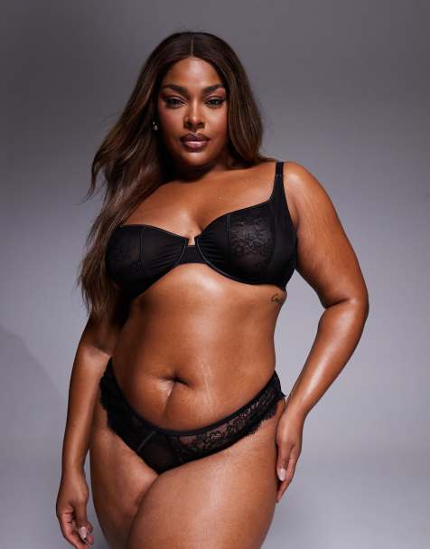 ASOS DESIGN Curve – Amber – Svarta brazilian-trosor med hög benskärning i spets och mesh - view 1