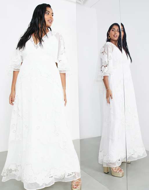 ASOS DESIGN Curve Amelia cutwork embroidered wedding dress with kimono  sleeve | ASOS