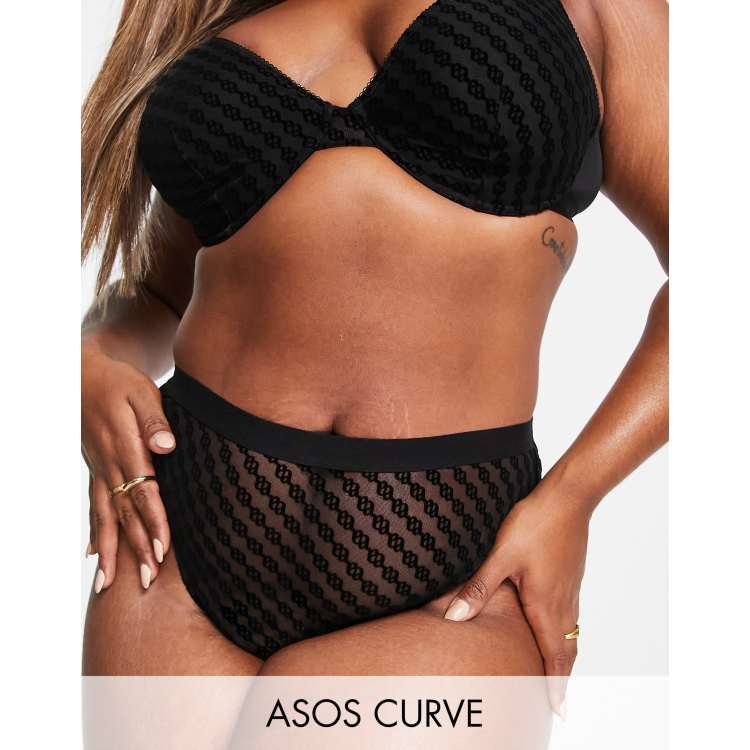 ASOS DESIGN Curve Amelia mesh monogram flocked high-waist knicker in black