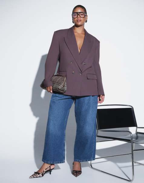 ASOS DESIGN Curve - americana entallada de doble botonadura con hombros marcados en marrón - view 1