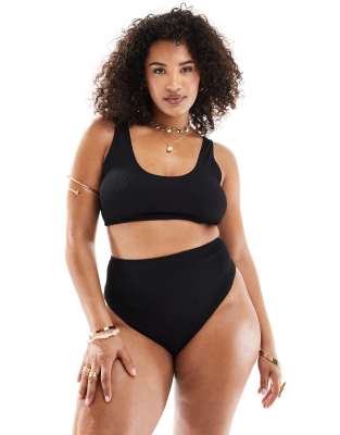 ASOS DESIGN Curve - Amy - Mix and Match - Bikinihose in Schwarz mit Knitterstruktur, hohem Beinausschnitt und hohem Bund