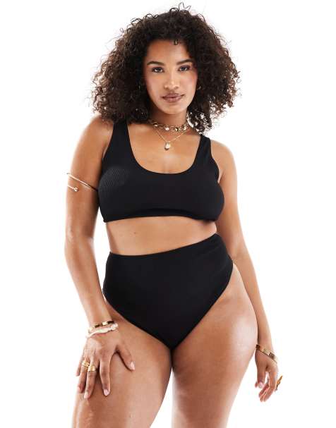 ASOS DESIGN Curve - Amy - Mix and Match - Højtaljede sorte bikinitrusser med høj benskæring i krølstof - view 1