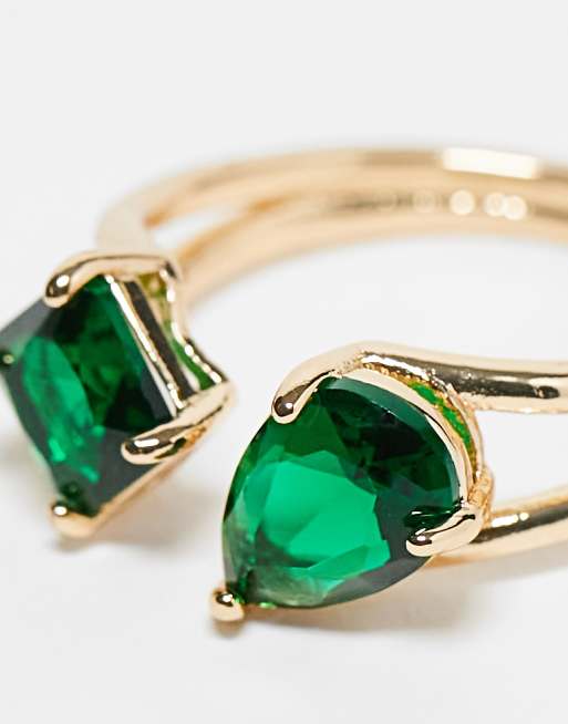 ASOS DESIGN Curve - Anello aperto color oro con fascia divisa e cristalli verde smeraldo , 3 di 4