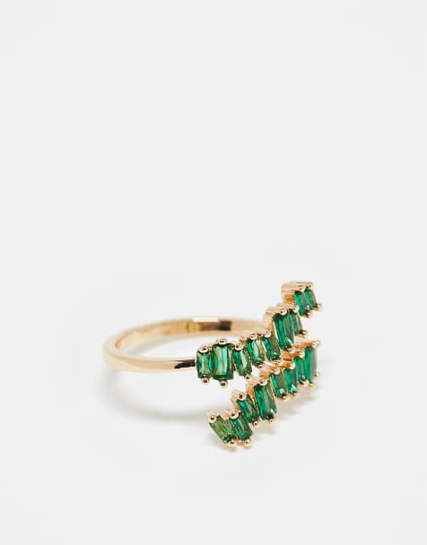 ASOS DESIGN Curve - Anello dorato avvolgente con cristalli verdi a baguette - view 1