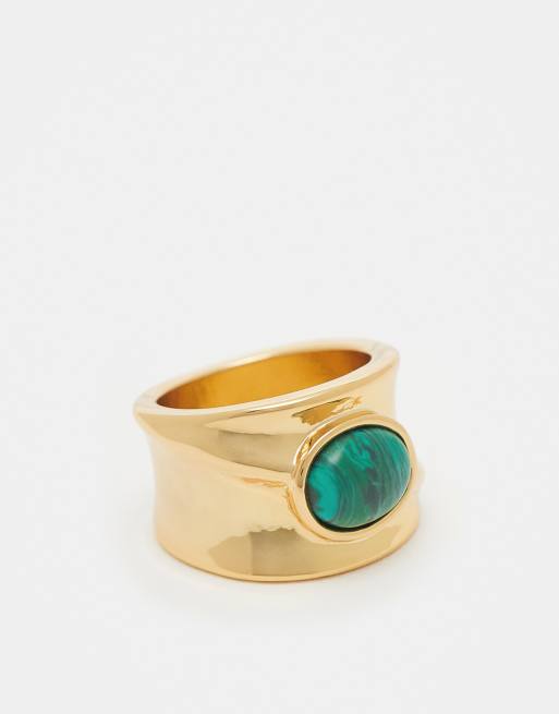 ASOS DESIGN Curve - Anello placcato oro 14 k con dettaglio con pietra malachite
