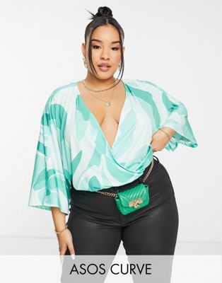 ASOS DESIGN Curve angel sleeve bodysuit in mint abstract print