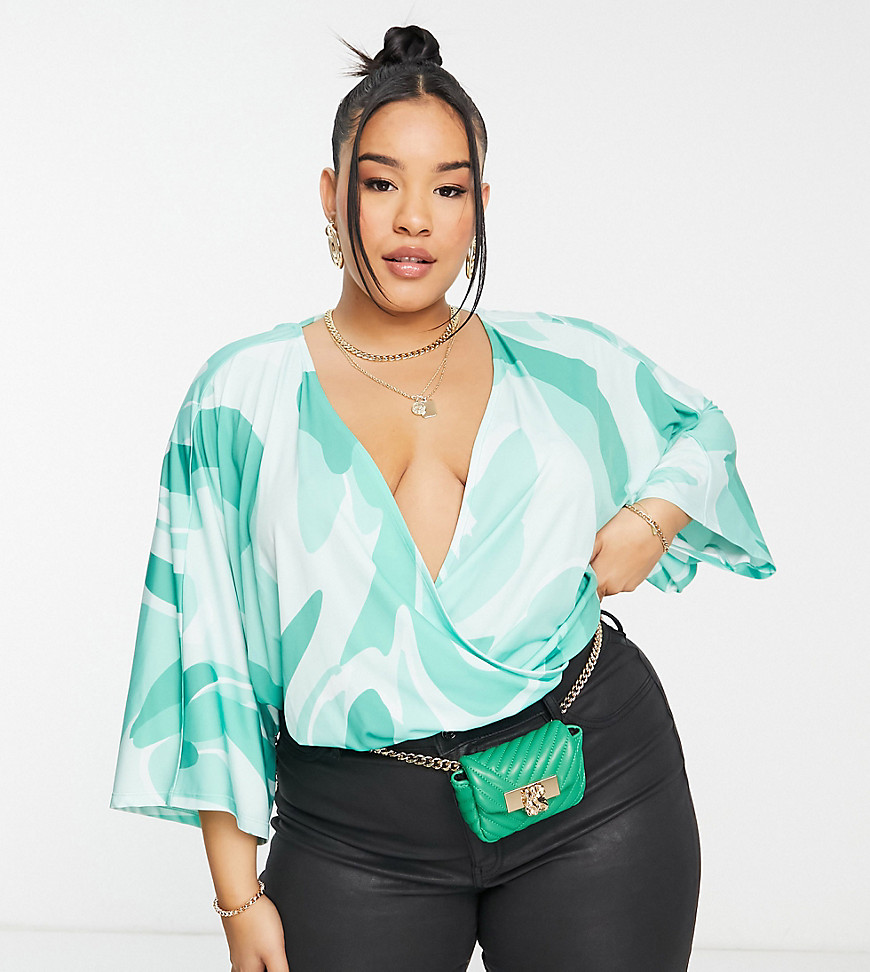 Plus-size bodysuit by ASOS DESIGN %2Ainsert heart-eyes emoji here%2A Abstract print Plunge neck Wrap front Three-quarter-length sleeves Tie detail Thong back Bodycon fit