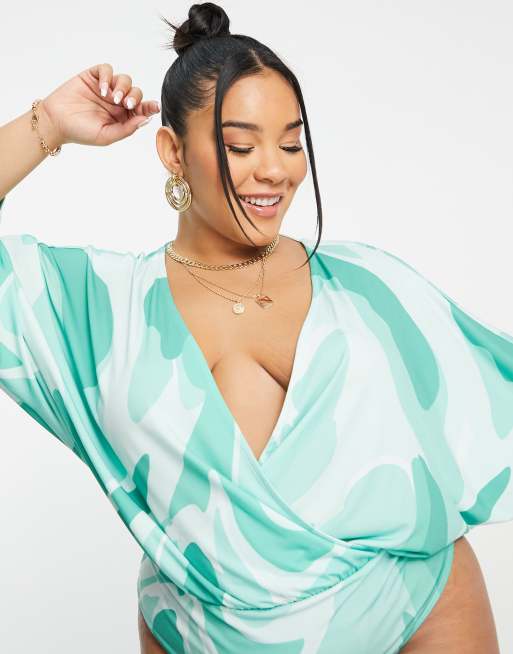 ASOS DESIGN Curve angel sleeve bodysuit in mint abstract print