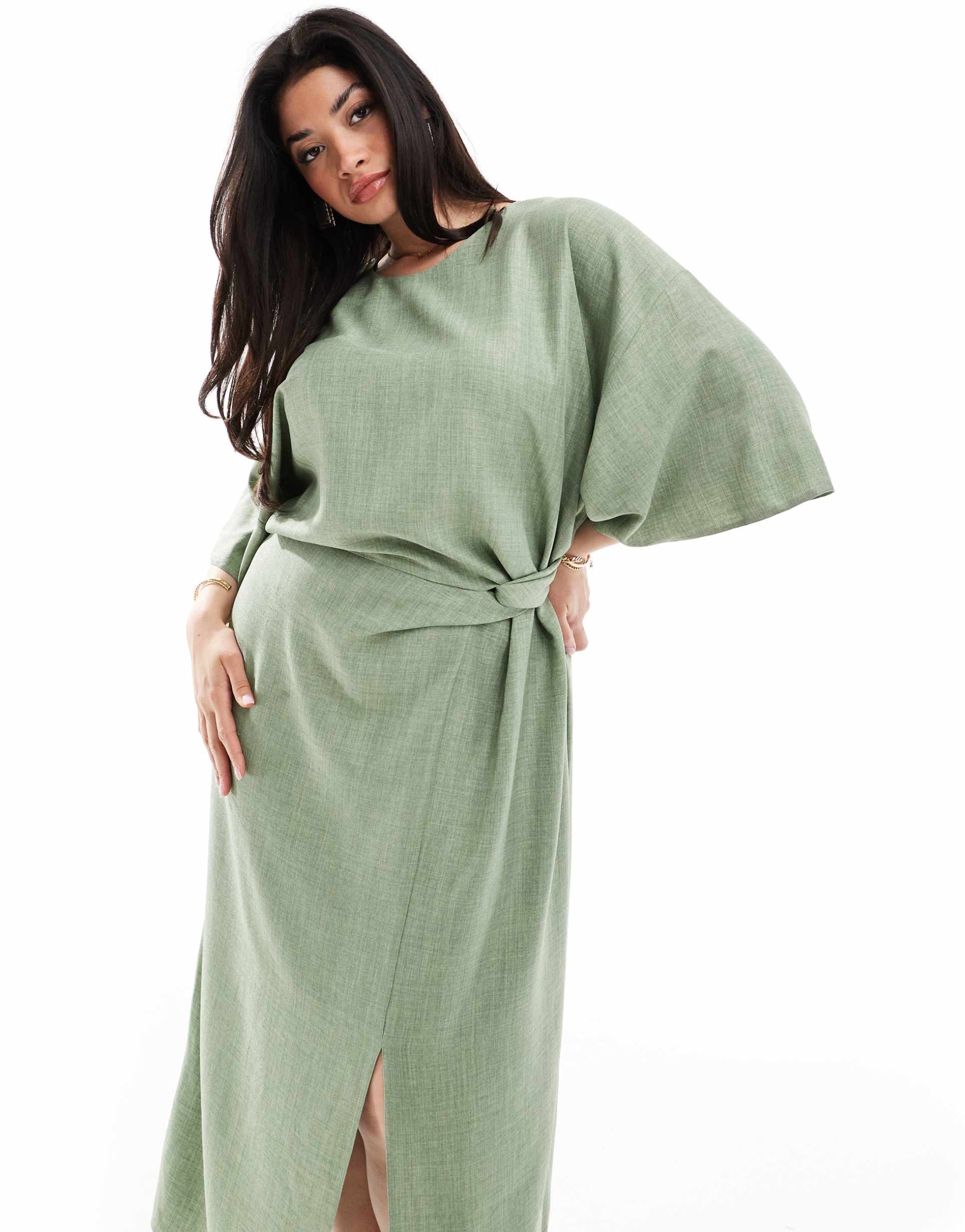 asos design curve angel sleeve drape waist tab detail midi dress in sage green