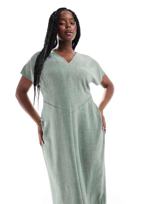 ASOS DESIGN Curve angel sleeve plunge midi dress in khaki, 4 of 4