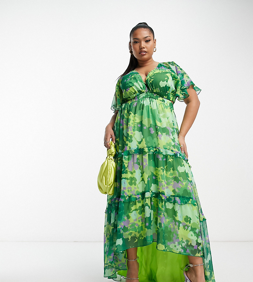 ASOS DESIGN Curve angel sleeve plunge tiered maxi dress with cut out in green blurred floral print-M