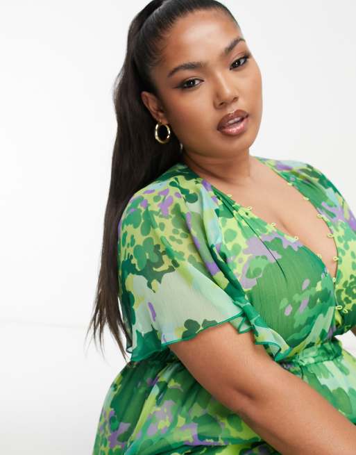 ASOS DESIGN Curve angel sleeve plunge tiered maxi dress with cut out in  green blurred floral print