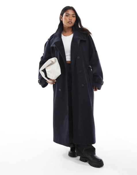 ASOS DESIGN Curve – Angerauter Longline-Trenchcoat in Marineblau mit Stehkragen - view 1