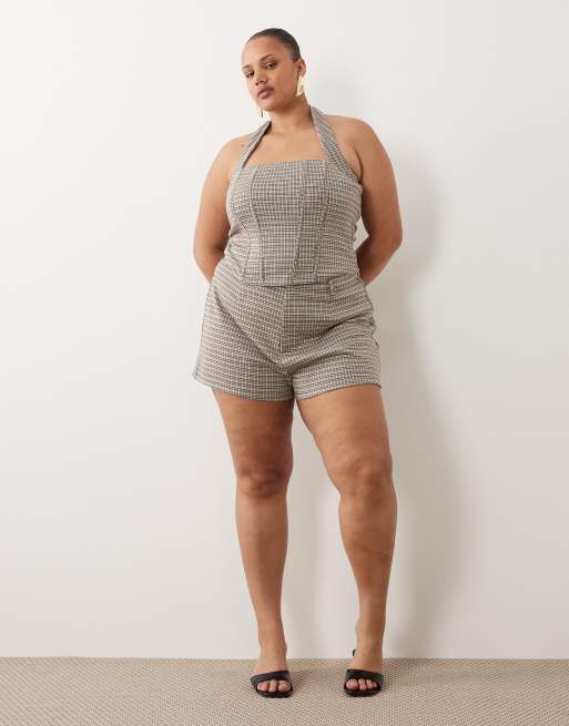ASOS DESIGN Curve – Angerautes Neckholder-Oberteil mit braunem Karomuster im Korsett-Stil, 2 von 4