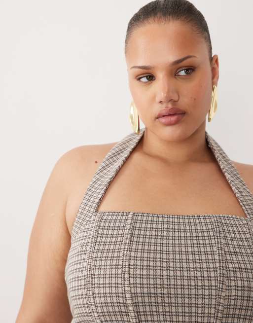 ASOS DESIGN Curve – Angerautes Neckholder-Oberteil mit braunem Karomuster im Korsett-Stil, 3 von 4