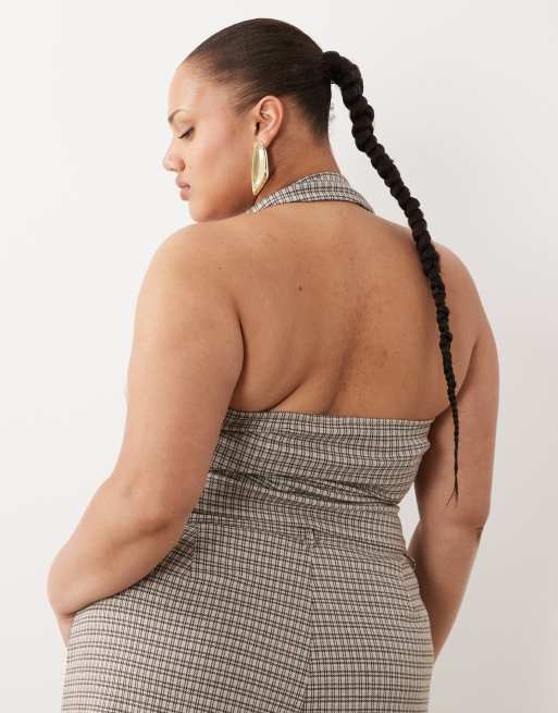 ASOS DESIGN Curve – Angerautes Neckholder-Oberteil mit braunem Karomuster im Korsett-Stil, 4 von 4