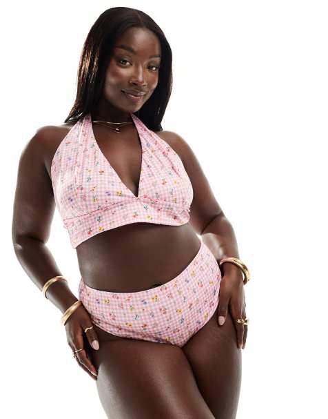 ASOS DESIGN Curve – Angie – Blommig och ginghamrutig bikini - view 1