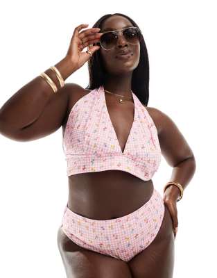 Curve Angie high apex halter triangle bikini top in gingham floral-Pink