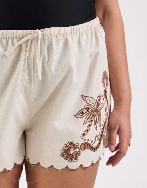 ASOS DESIGN Curve Angie palm beach tropical embroidered tie side short in stone, 3 of 5