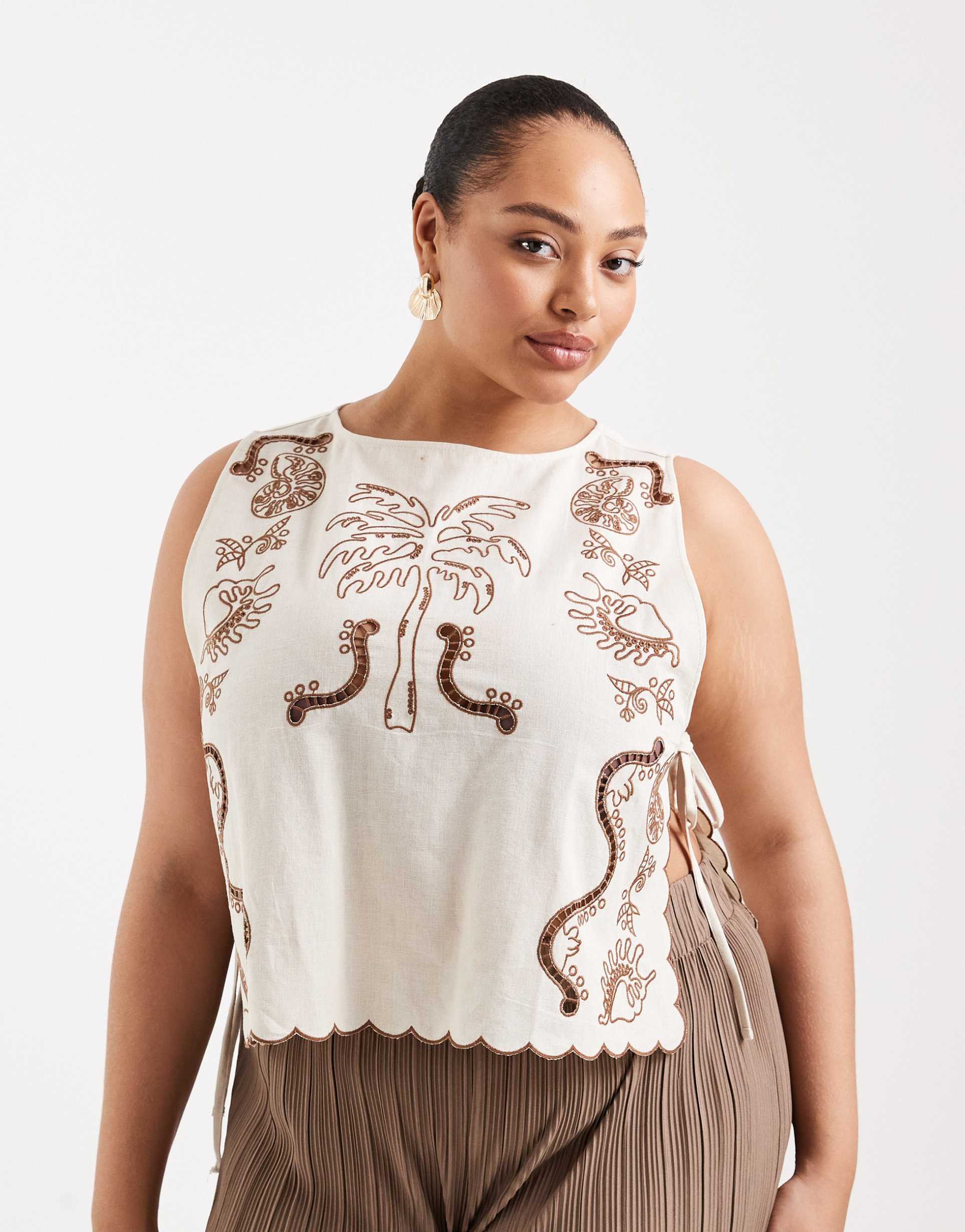 asos design curve angie palm beach tropical embroidered tie side tank in stone