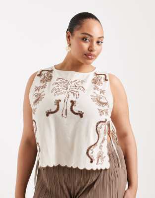 ASOS DESIGN Curve - Angie Palm - Strand-Tanktop in Steinbeige mit tropischer Stickerei und seitlicher Schnürung-Neutral
