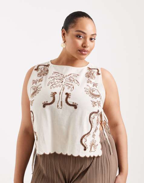 ASOS DESIGN Curve – Angie Palm – Strand-Tanktop in Steinbeige mit tropischer Stickerei und seitlicher Schnürung - view 1