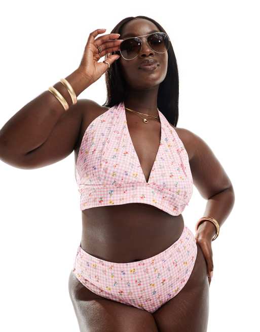 ASOS DESIGN Curve - Angie - Top bikini a triangolo ad apice alto allacciato al collo a quadretti e a fiori