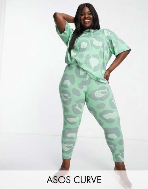 ASOS DESIGN Curve animal oversized tee & legging pajama set in green