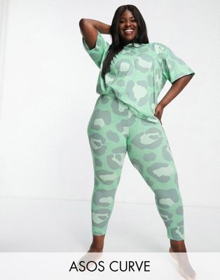 ASOS DESIGN Curve animal oversized tee & legging pyjama set in green