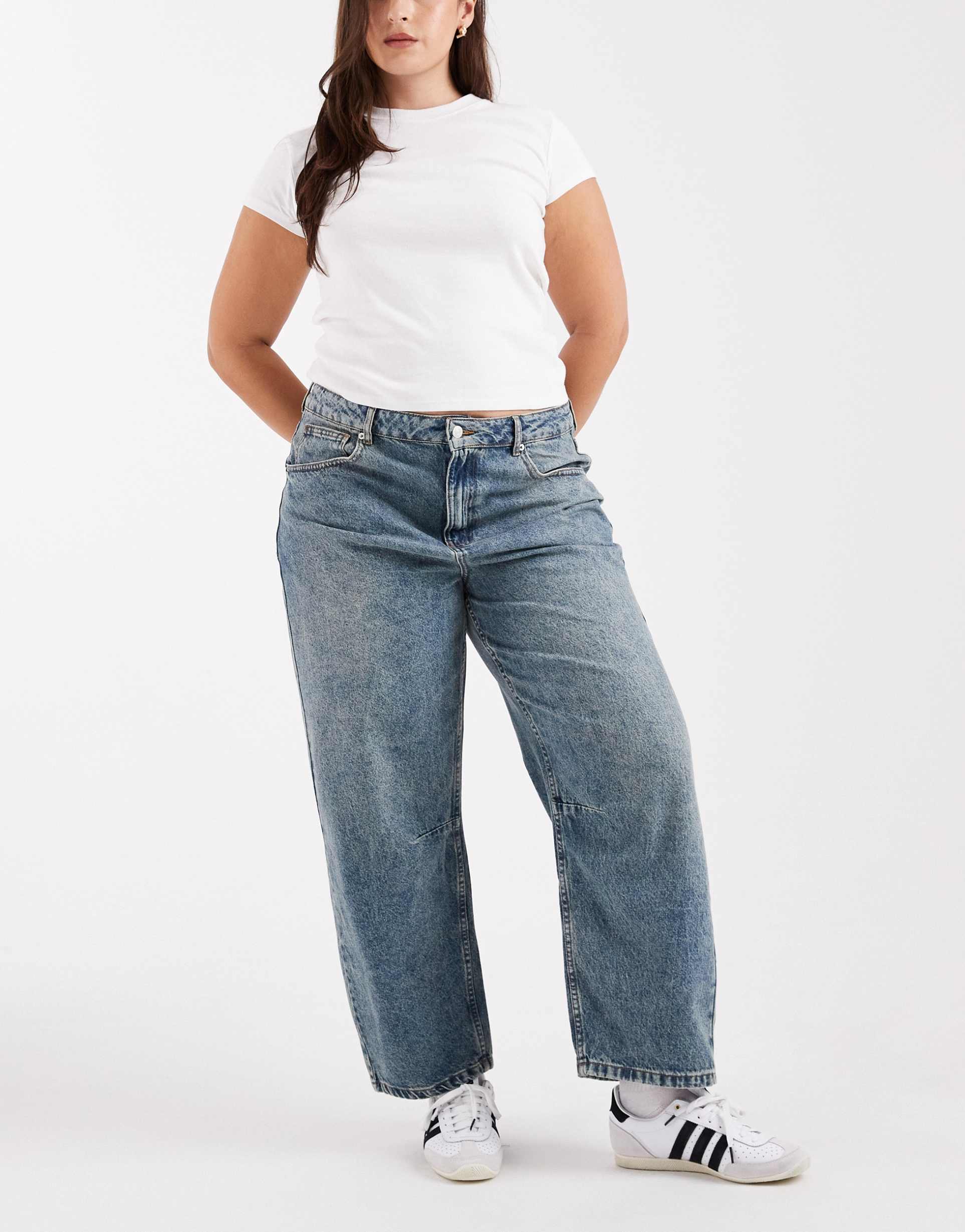 asos design curve ankle grazer barrel leg jeans with cinch waist in dark vintage wash