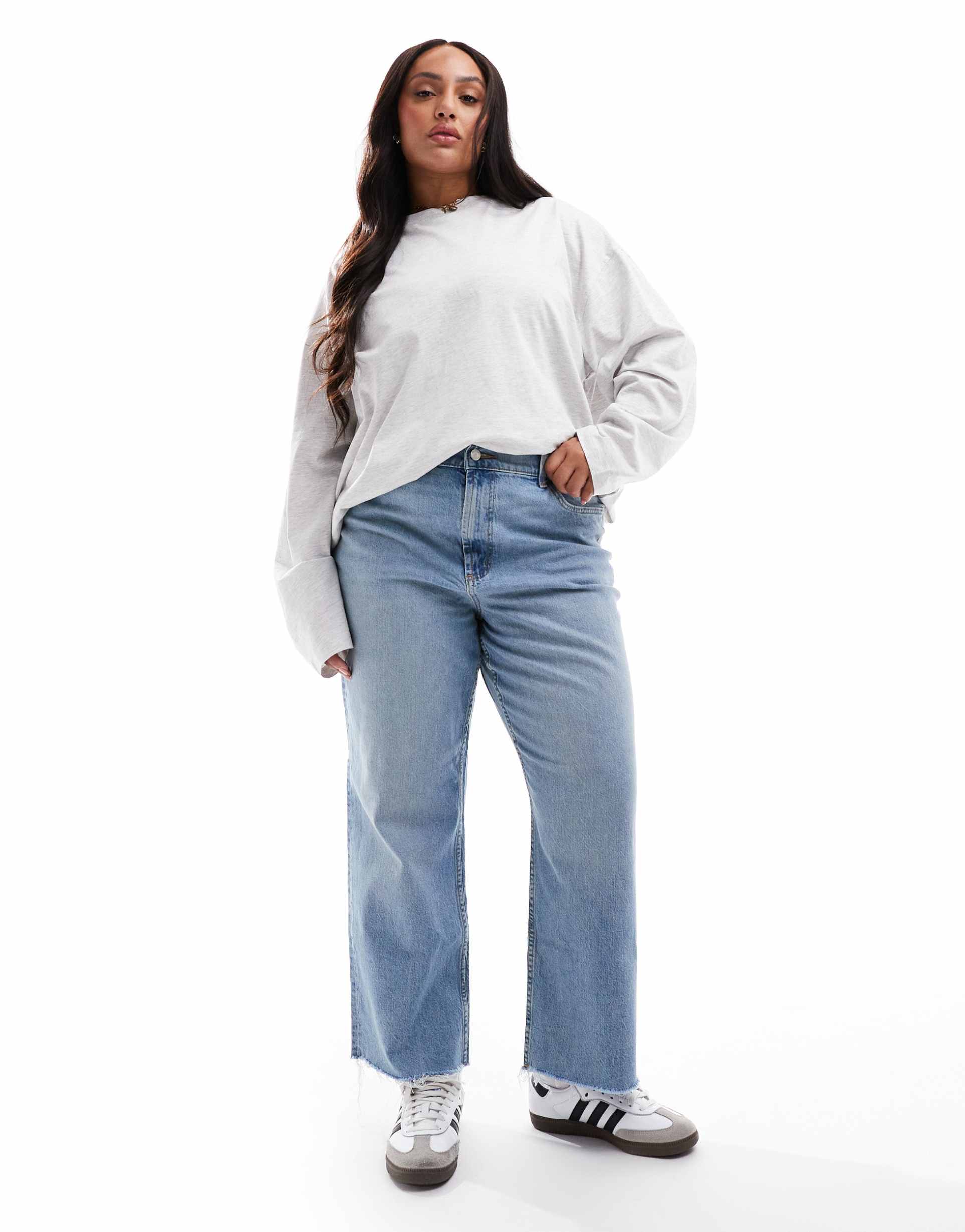 asos design curve ankle grazer comfort stretch straight leg jeans in light mid blue