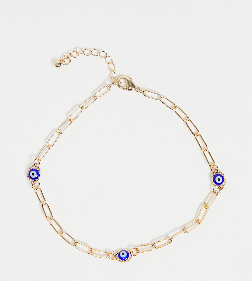 ASOS DESIGN Curve anklet with blue eye charms in gold tone
