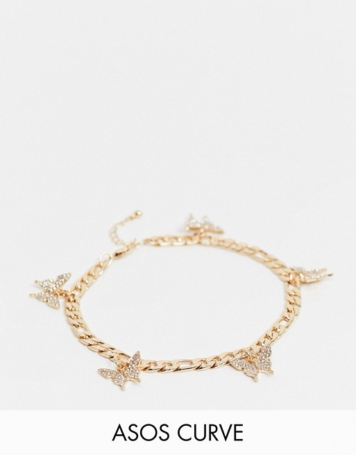 ASOS DESIGN Curve anklet with butterfly charms in gold tone