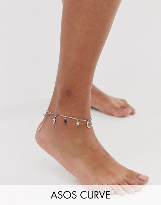 ASOS DESIGN Curve anklet with mystical charms and hamsa hand pendants in silver tone