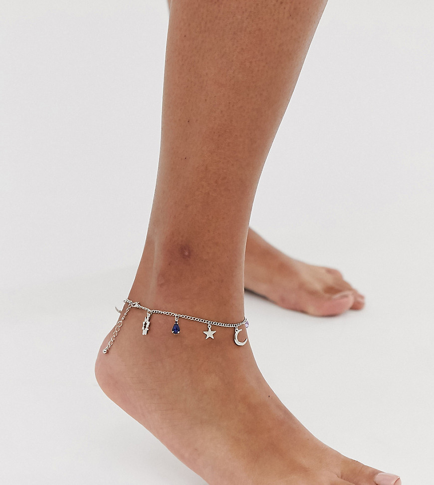 ASOS DESIGN Curve anklet with mystical charms and hamsa hand pendants in silver tone-Gold