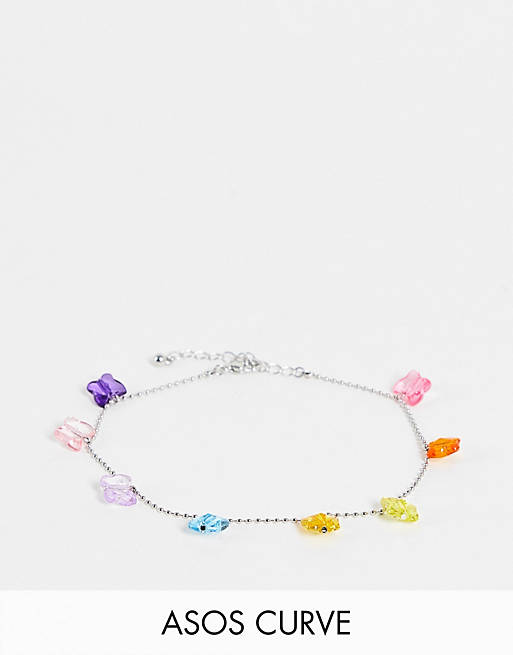 ASOS DESIGN Curve anklet with plastic butterfly charms in silver tone