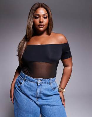 ASOS DESIGN Curve - Anschmiegsamer Body aus Netzstoff in Schwarz mit Carmen-Ausschnitt
