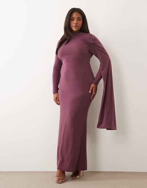 ASOS DESIGN Curve – Anschmiegsames, langärmliges Maxikleid in Malve mit auffälligem Cape-Detail an der Schulter - view 1