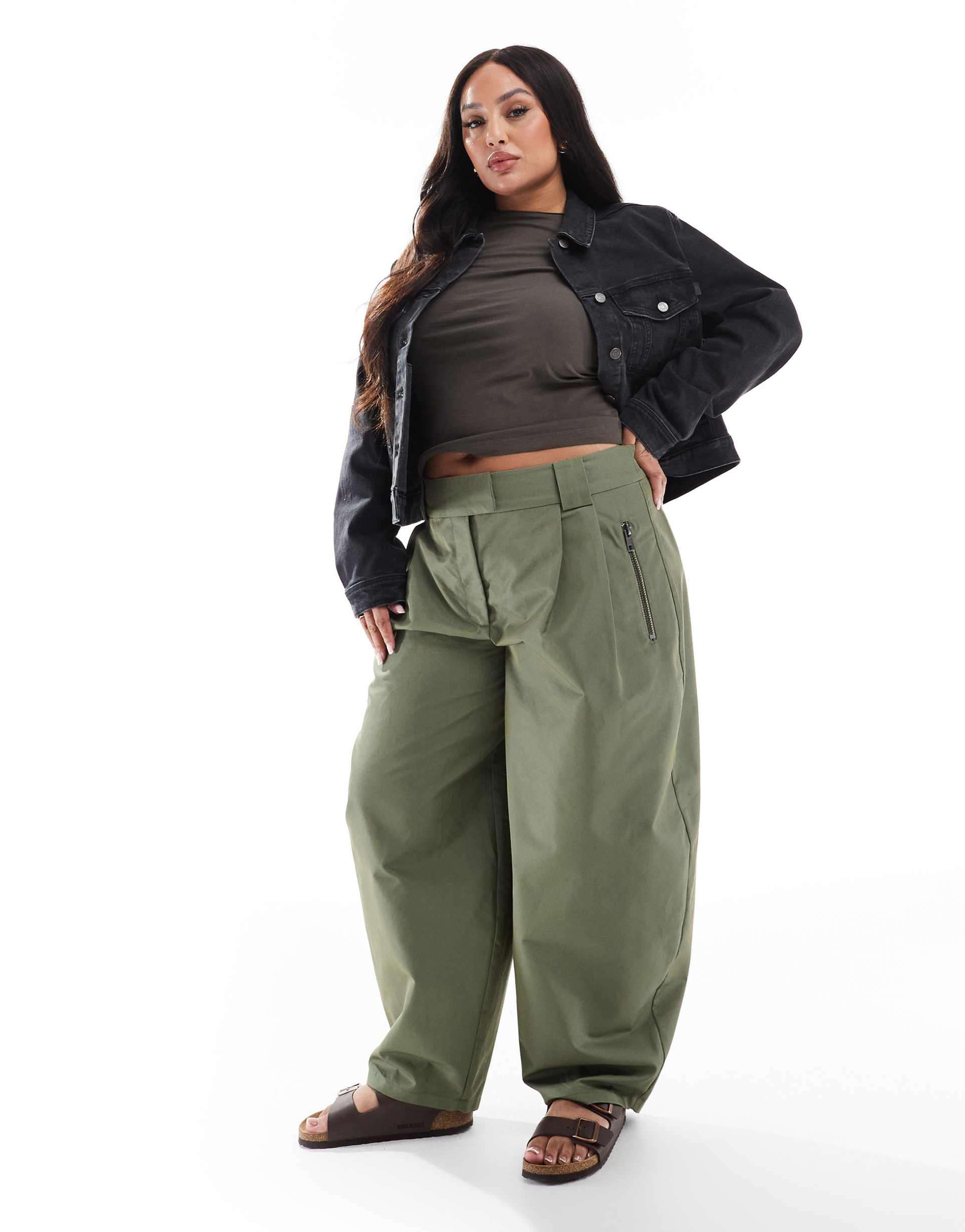 asos design curve arch leg zip detail pants in khaki green