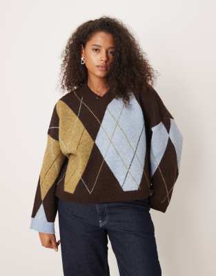 Asos Curve Asos Design Curve Argyle Boxy V-neck Sweater In Brown