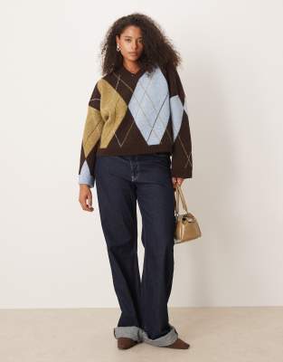 Asos Curve Asos Design Curve Argyle Boxy V-neck Sweater In Brown