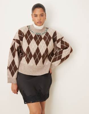 ASOS Curve ASOS DESIGN Curve argyle embellished neck jumper in brown