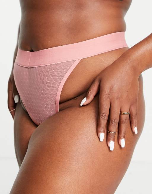 ASOS DESIGN Curve Aria spot mesh with taping malibu thong in peach, 3 of 4