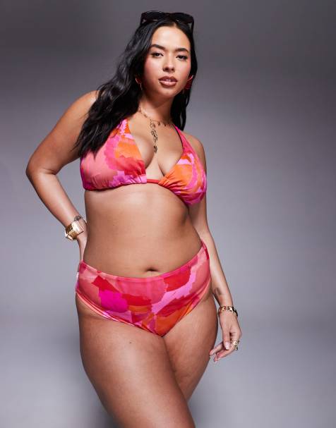 ASOS DESIGN Curve - Arina - Pink og røde bikinitrusser med høj talje og høj benskæring i abstrakt print - Kun hos ASOS - view 1