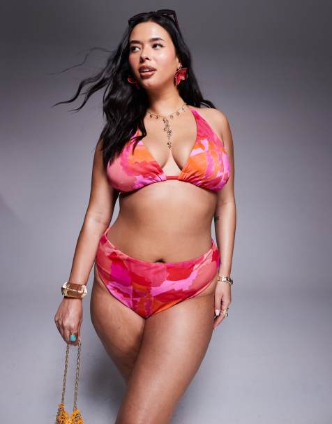 ASOS DESIGN Curve – Arina – Rosa och röd, abstrakt mönstrad bikini, exklusivt hos ASOS - view 1