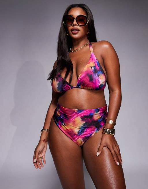 ASOS DESIGN Curve – Arina – Wysoko wycięty dół od bikini z podwyższonym stanem w abstrakcyjny różowy wzór