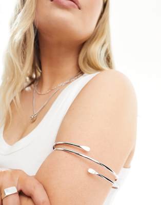 Asos Design Curve Arm Cuff With Wraparound Wire Design In Silver Tone