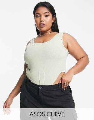 ASOS DESIGN Curve - Ärmelloser Body in verwaschenem Limettengrün