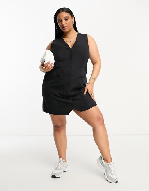 ASOS DESIGN Curve – Ärmelloses, durchgeknöpftes Westen-Kleid in Schwarz