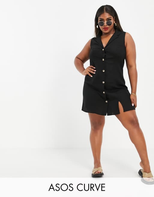 ASOS DESIGN Curve – Ärmelloses, geknöpftes Minikleid in Schwarz
